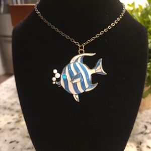 Blue and White Enamel Fish  Pendant Necklace
